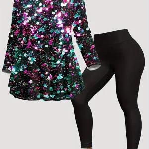 Plus Size All Over Print Two-piece Set, Crew Neck Top & Skinny Pants - Women's Plus Size Outfit