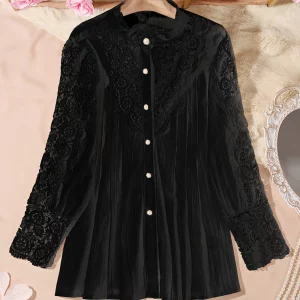 Plus Size Autumn Soft Oversize Black Lace Puff Sleeve Blouse