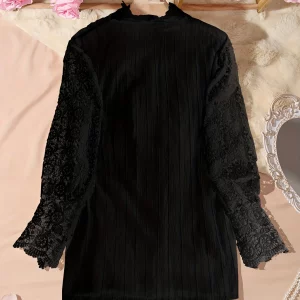 Plus Size Autumn Soft Oversize Black Lace Puff Sleeve Blouse