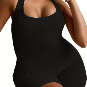 Plus Size Black Halter Sporty Jumpsuit, Women's Summer Fashion, Sexy Body-Con Backless Style