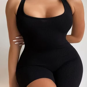 Plus Size Black Halter Sporty Jumpsuit, Women's Summer Fashion, Sexy Body-Con Backless Style