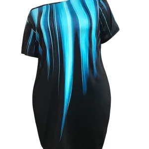 Plus Size Boat Neck Gradient Summer Dress Sexy Mini Robe