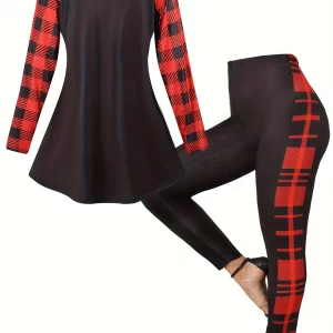 Plus Size Christmas Elk Plaid Print Raglan Sleeve Top & Leggings Set