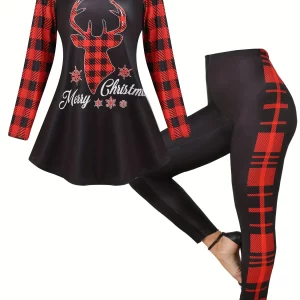 Plus Size Christmas Elk Plaid Print Raglan Sleeve Top & Leggings Set