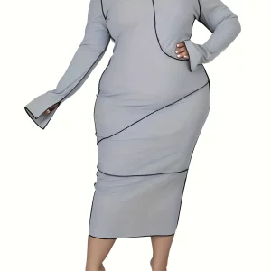 Plus Size Colorblock Bell Sleeve Hooded Dress