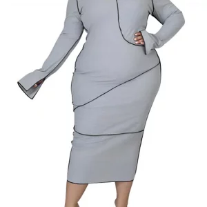 Plus Size Colorblock Bell Sleeve Hooded Dress