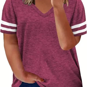 Plus Size Colorblock V-Neck Tee for Women, Summer Casual Top