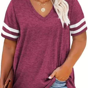 Plus Size Colorblock V-Neck Tee for Women, Summer Casual Top