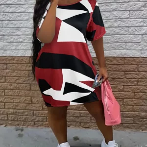 Plus Size Inclined Neck Color Block Summer Dress