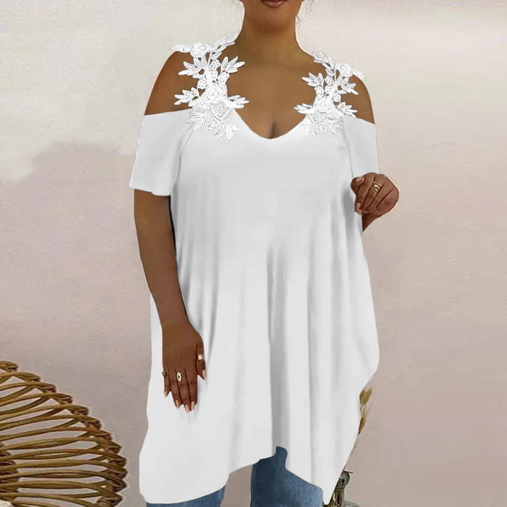 Plus Size Lace Summer Top for Women: Casual Oversized Tee, Y2K Style Loose Blouse