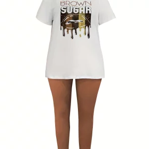 Plus Size Letter Print Summer T-Shirt & Trousers Set