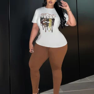 Plus Size Letter Print Summer T-Shirt & Trousers Set