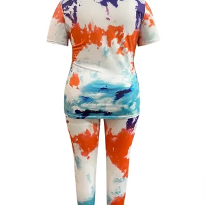 Plus Size Mixed Print Two-Piece Pants Set with Short Sleeve Top - Women's Casual Matching Set