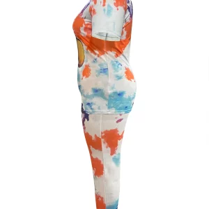 Plus Size Mixed Print Two-Piece Pants Set with Short Sleeve Top - Women's Casual Matching Set