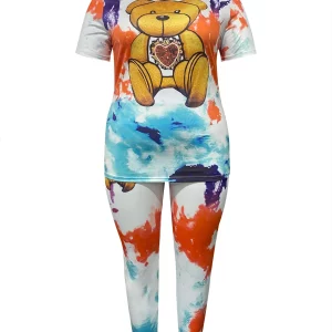 Plus Size Mixed Print Two-Piece Pants Set with Short Sleeve Top - Women's Casual Matching Set