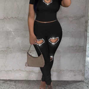 Plus Size Rhinestone Heart Crop Top & Pants Set for Women