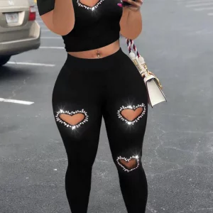 Plus Size Rhinestone Heart Crop Top & Pants Set for Women