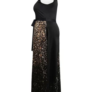 Plus Size Sequined Pocket A-Line Evening Dress Black Maxi