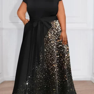 Plus Size Sequined Pocket A-Line Evening Dress Black Maxi