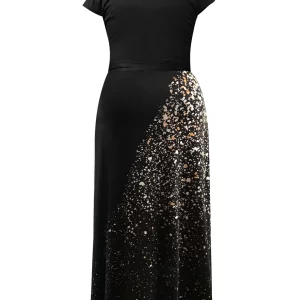 Plus Size Sequined Pocket A-Line Evening Dress Black Maxi