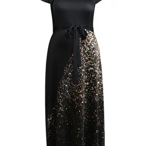 Plus Size Sequined Pocket A-Line Evening Dress Black Maxi