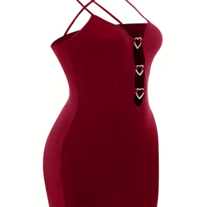 Plus Size Sexy Suspender Dress, Solid Color Cut Out Heart V Neck Slim Fit Mini Dress