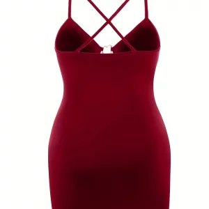 Plus Size Sexy Suspender Dress, Solid Color Cut Out Heart V Neck Slim Fit Mini Dress