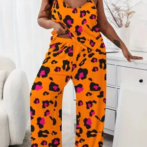 Plus Size Sleeveless Cami Top with Leopard Print Loose Pants Set