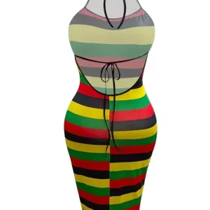 Plus Size Striped Backless Summer Midi Dress - Sexy Streetwear for Women