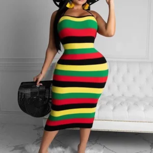 Plus Size Striped Backless Summer Midi Dress - Sexy Streetwear for Women