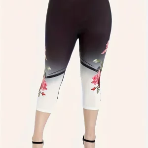 Plus Size Summer Casual Set with Rose Print Round Neck T-Shirt and Pants