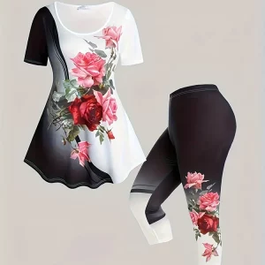 Plus Size Summer Casual Set with Rose Print Round Neck T-Shirt and Pants