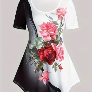 Plus Size Summer Casual Set with Rose Print Round Neck T-Shirt and Pants