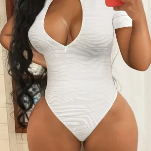 Plus Size Textured Zipper Bodysuit for Women, Sexy Bodycon Club Playsuit