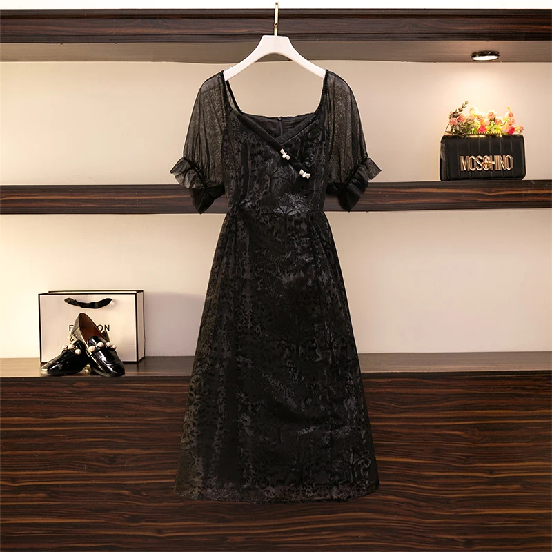 Plus-size Women's Black Summer Casual Long Dress with Bow Decal - Comfortable Polyester Party Dress