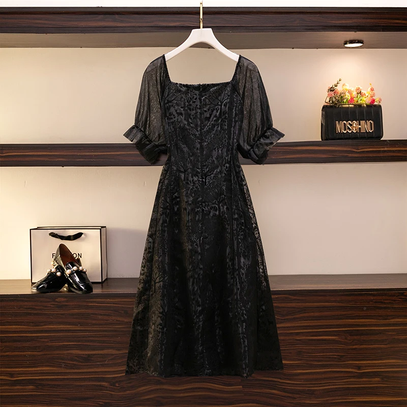 Plus-size Women's Black Summer Casual Long Dress with Bow Decal - Comfortable Polyester Party Dress