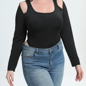 Plus Size Women's Casual Solid Cut Out Long Sleeve Bodysuit