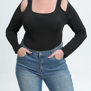 Plus Size Women's Casual Solid Cut Out Long Sleeve Bodysuit