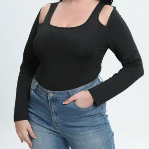 Plus Size Women's Casual Solid Cut Out Long Sleeve Bodysuit