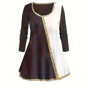 Plus Size Women's Casual Two-Piece Suit in Black & White with Gold Trim, Round Neck T-Shirt & Pants