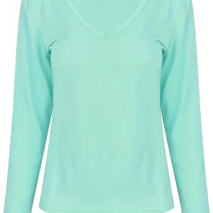 Plus Size Women's Deep V-Neck Long Sleeve Solid Color Slim Fit T-Shirt