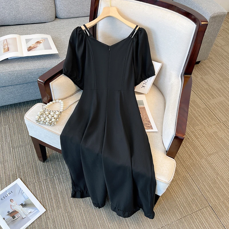 Plus-Size Women's Elegant Black Summer Dress with Layered Flanges