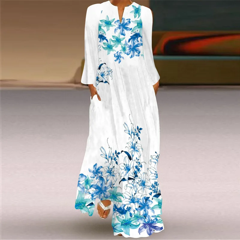 Plus Size Women's Face Print V-Neck Maxi Dress, Elegant Winter Party Long Sleeve Zipper White Dress