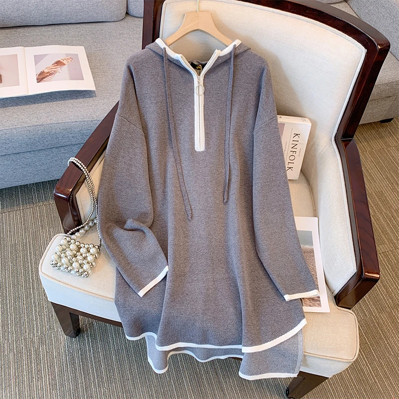 Plus Size Women's Gray Hooded Sweater with Zipper, Irregular Hem, Casual Spring & Autumn Style