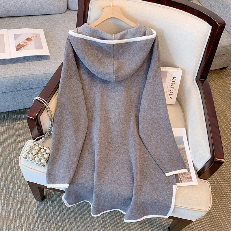 Plus Size Women's Gray Hooded Sweater with Zipper, Irregular Hem, Casual Spring & Autumn Style