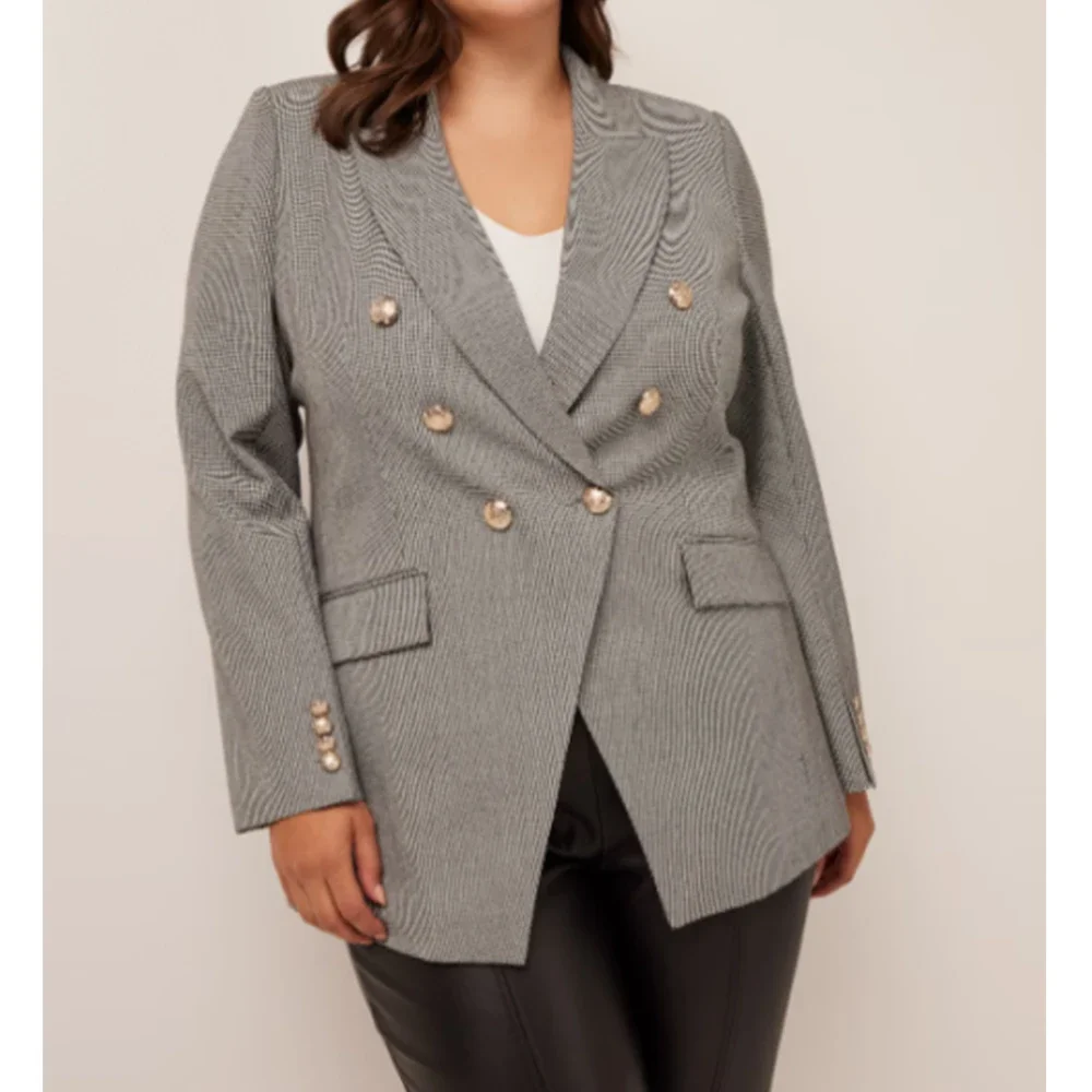 Plus Size Women's Plaid Blazer with Metal Button, Long Sleeve Office Jacket for Autumn