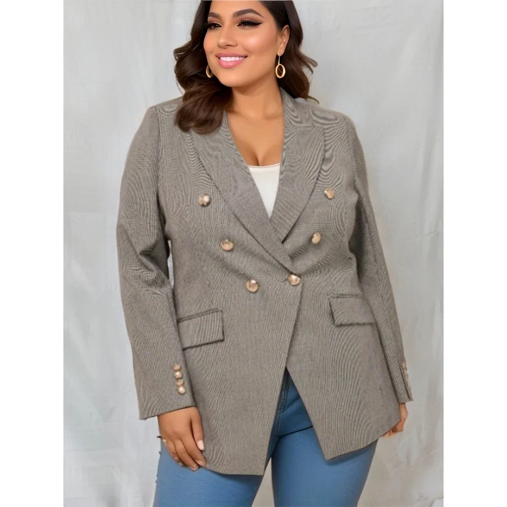 Plus Size Women's Plaid Blazer with Metal Button, Long Sleeve Office Jacket for Autumn