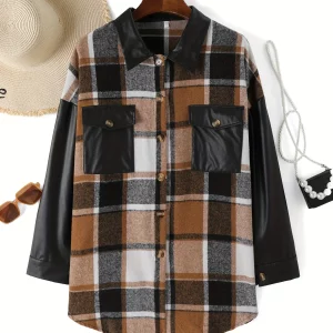 Plus Size Women's Plaid Lapel Casual Coat with Splicing Detail