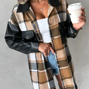 Plus Size Women's Plaid Lapel Casual Coat with Splicing Detail