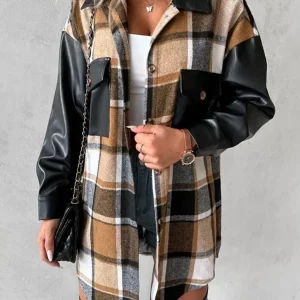 Plus Size Women's Plaid Lapel Casual Coat with Splicing Detail